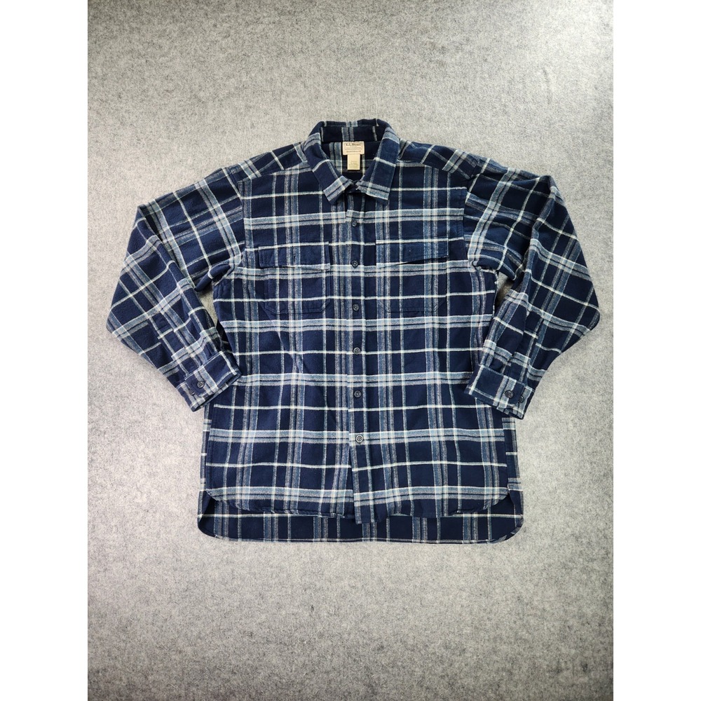 LL‎ Bean Shirt Mens Size XL Blue Plaid Chamois Cloth Flannel Button